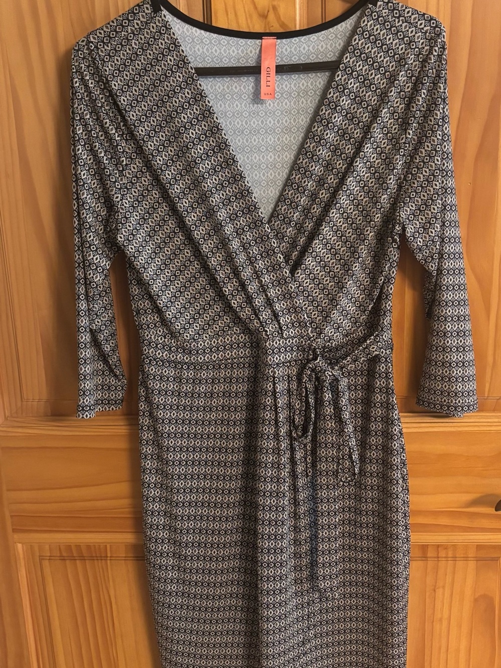 Gilli Geometric Print Faux Wrap Dress Stitch Fitch 3/4 Sleeve Size Small